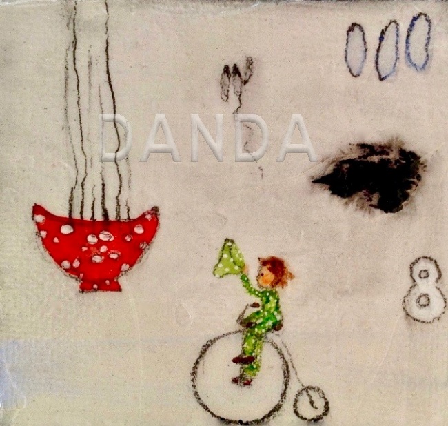 Alexandra Hesselmann Shop - Wichtel grüßt auf einem Fahrrad 20 x 20 cm
