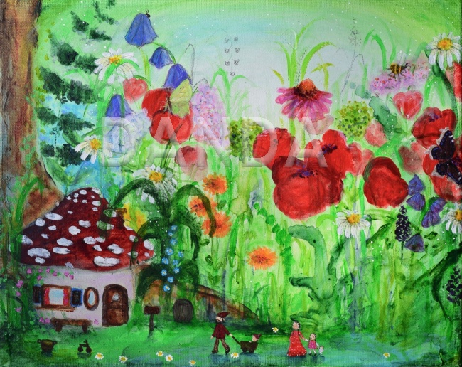 Alexandra Hesselmann Shop - Blumenwiese mit Wichtelhaus 30 x 40 cm