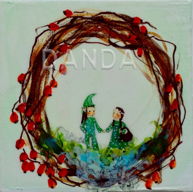 Alexandra Hesselmann Shop - Wichtelpärchen in Hagebuttenkranz 20 x 20 cm