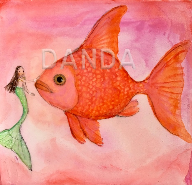 Alexandra Hesselmann Shop - kleine Meerjungfrau mit Fisch 20 x 20 cm
