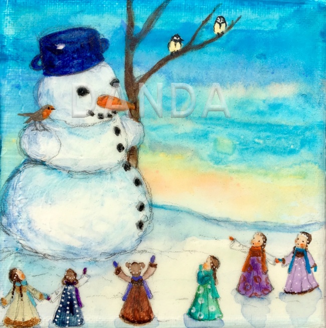 Alexandra Hesselmann Shop - Schneemann mit kleinen Wesen 20 x 20 cm