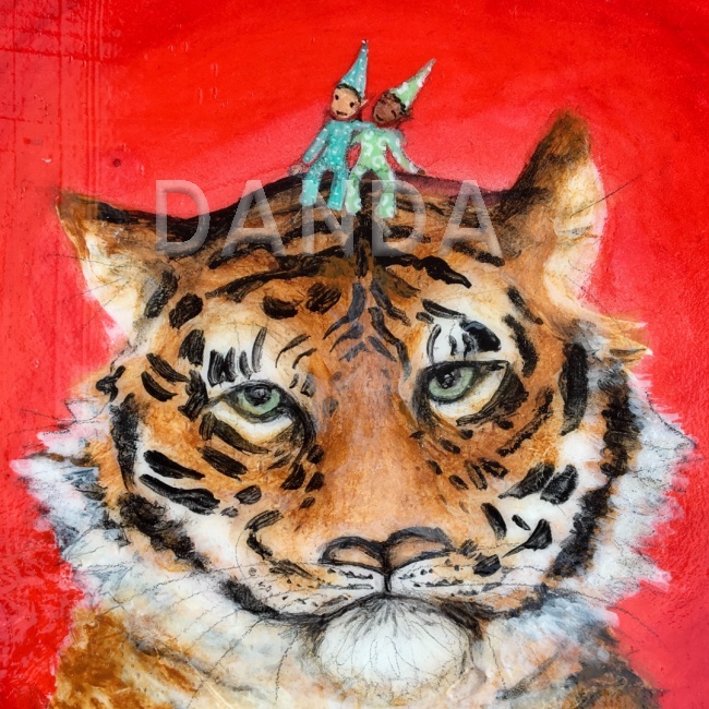 Alexandra Hesselmann Shop - zwei Wichtel auf Tiger 20 x 20 cm