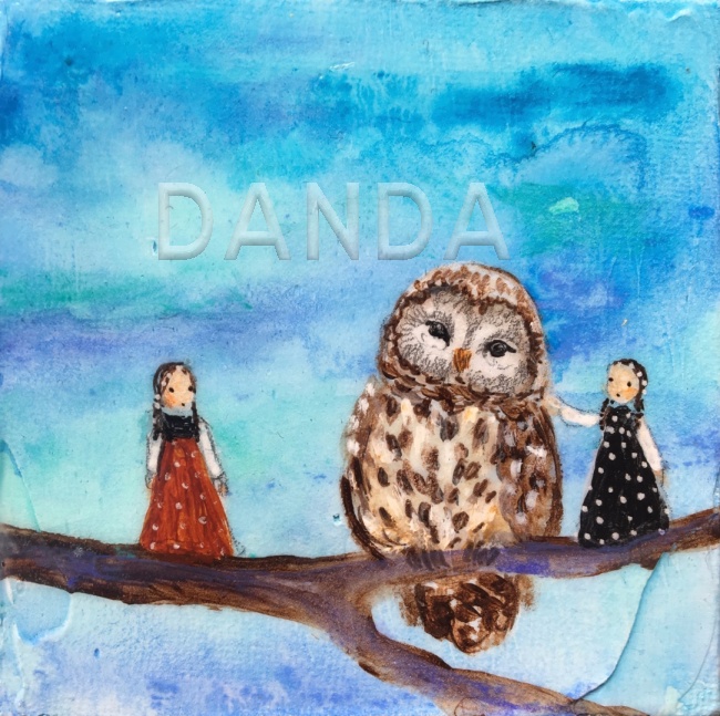 Alexandra Hesselmann Shop - Zwei Feen mit Eule auf Ast 20 x 20 cm