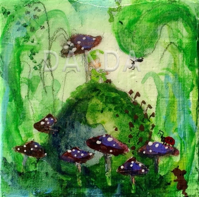 Alexandra Hesselmann Shop - Zwerg unter Pilz mit Ameise 20 x 20 cm