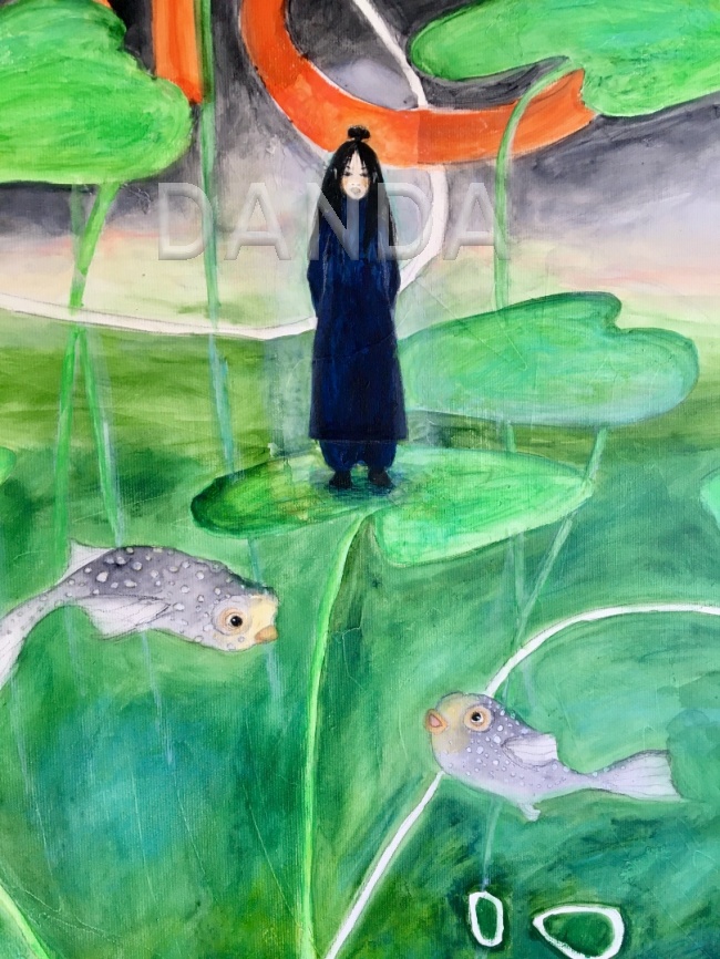 Alexandra Hesselmann Shop - kleines asiatisches Wesen mit Fischen 30 x 40 cm